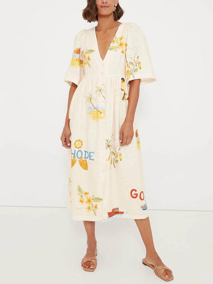Folk Floral Print Unique Holiday Puff Sleeve Midi Dress